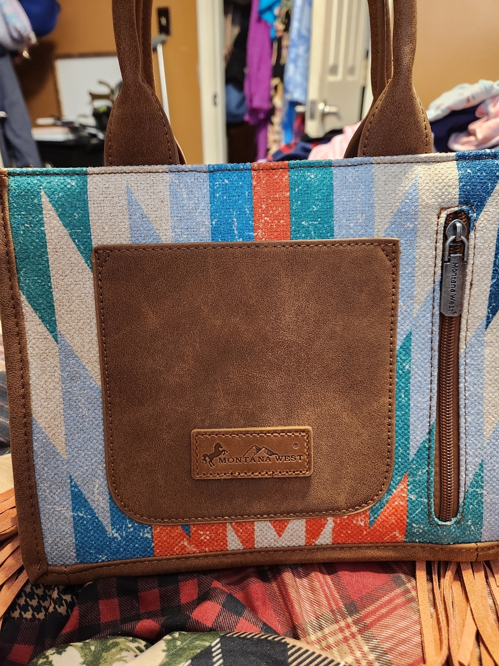 Montana West Turquoise, Orange & Tan Aztec Fringe Tote - Picture 2 of 8